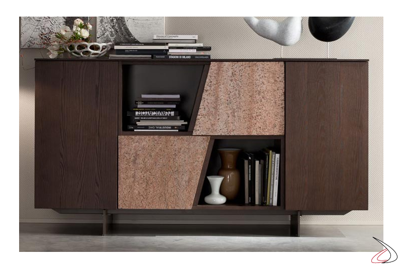 Sideboard for the living room with stone and wood doors