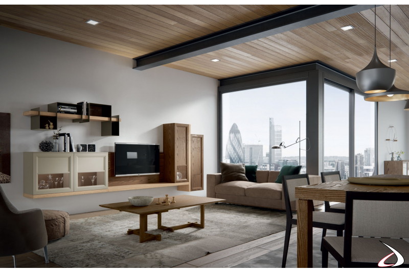 Parete soggiorno design urban style in legno massello
