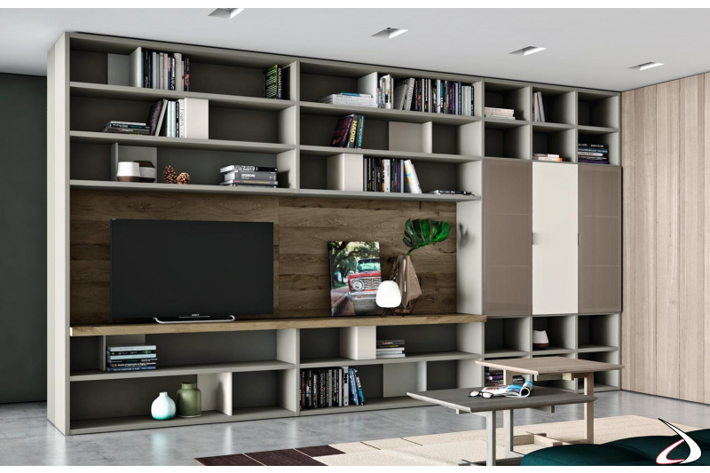 Parete soggiorno di design divisoria in legno con pannello porta tv