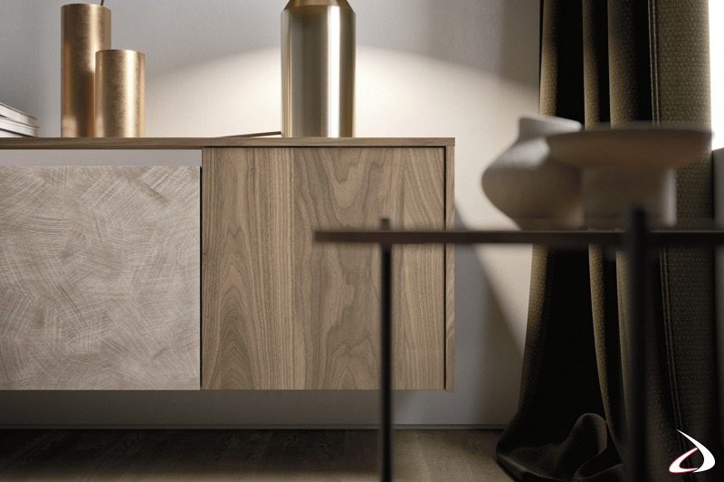 Hanging sideboard in light walnut wood and in spatolato wood with door and two drawers with matt lacquered groove handle