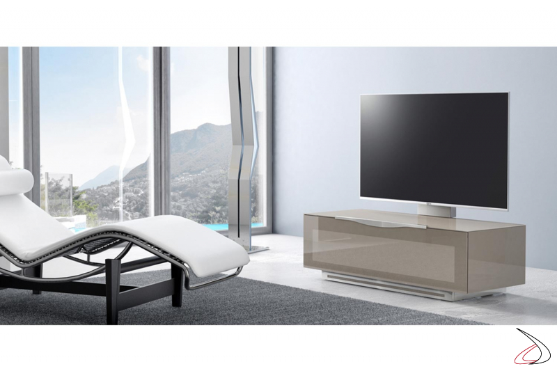Porta tv moderno grigio con colonna orientabile in acciaio inox