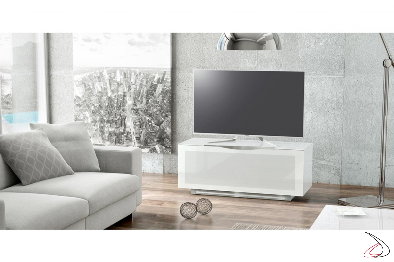Porta tv bianco moderno da soggiorno su ruote con anta a ribalta
