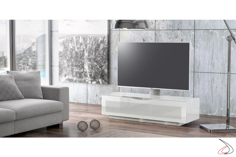 Mobile porta tv bianco di design con anta a ribalta in vetro lucido