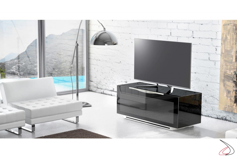 Mobile tv nero di design con anta a ribalta in vetro lucido