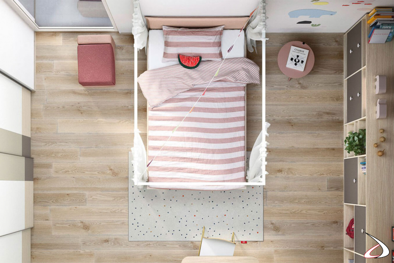 Chambre à coucher avec lit simple à baldaquin, armoire et bibliothèque multifonctionnelle.
