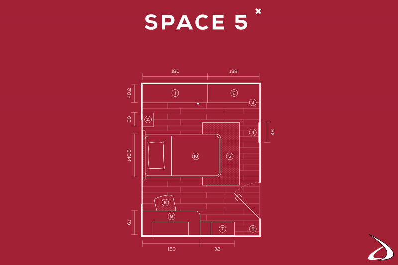 Amplio juego de dormitorio de diseño compuesto por: cama, armario, escritorio, estanterías y alfombra
