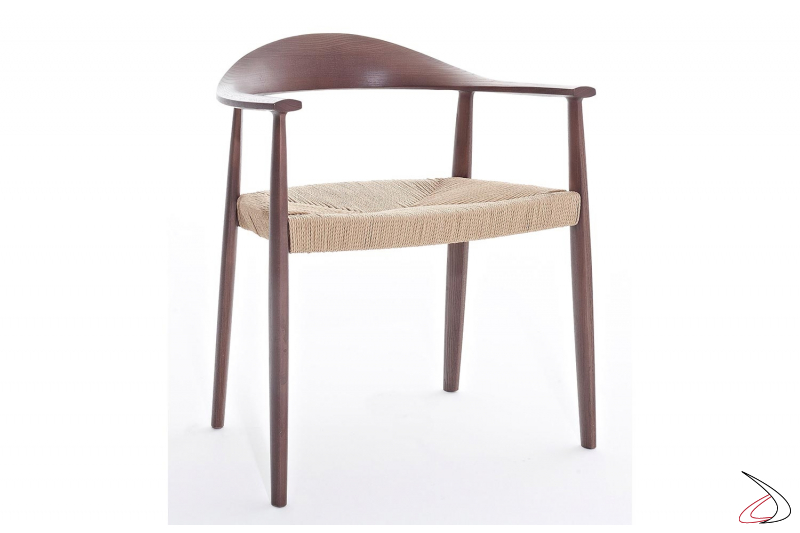Sedia design da soggiorno in legno frassino con braccioli e seduta in paglia