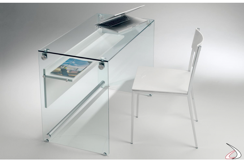 Consolle scrivania da soggiorno in vetro con poggiapiedi in alluminio