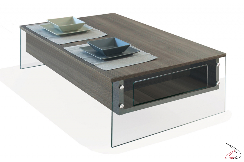 Tavolino di design con piano alzabile in legno e gambe in vetro