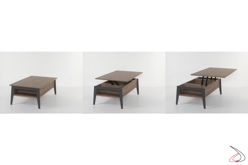 Tavolino di design in noce con piano alzabile e gambe in acciaio colorato