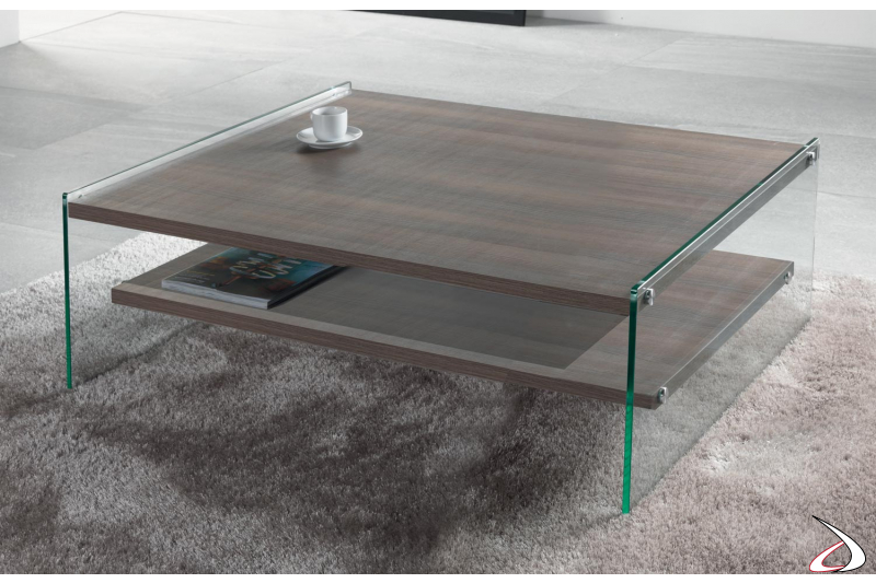 Tavolino quadrato da salotto con ripiani in legno