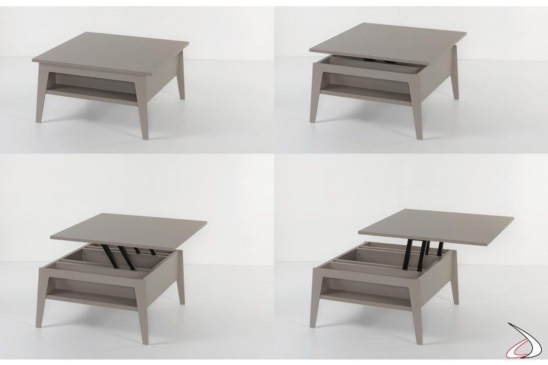 Tavolino quadrato tortora con piano alzabile e gambe in acciaio