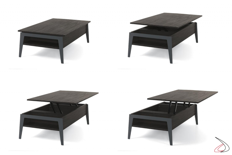 Tavolino moderno con gambe in acciaio colorato e piano alzabile