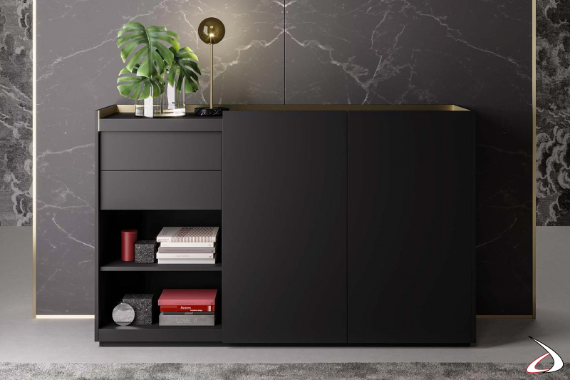 Hohes Büro-Sideboard mit Türen und Schubladen aus schwarzem Fenix mit messingfarbenen Aluminiumprofilen