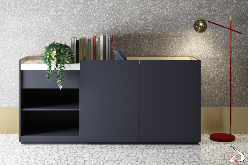 Modern design office sideboard with doors, drawer and top in marble with brass profiles