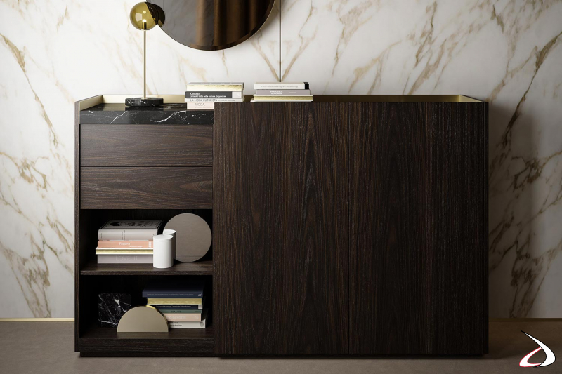 Modern and elegant high office sideboard with doors and drawers with black marquinia marble top