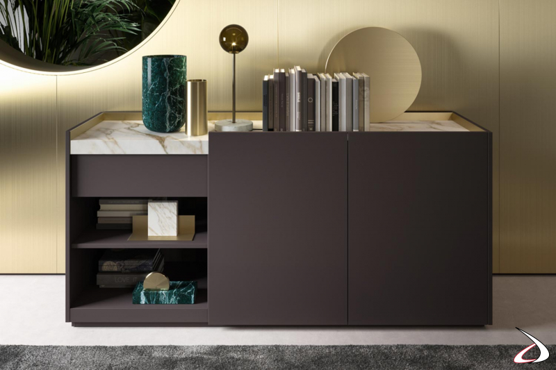 Modern office sideboard in black fenix with calacatta marble top in gold