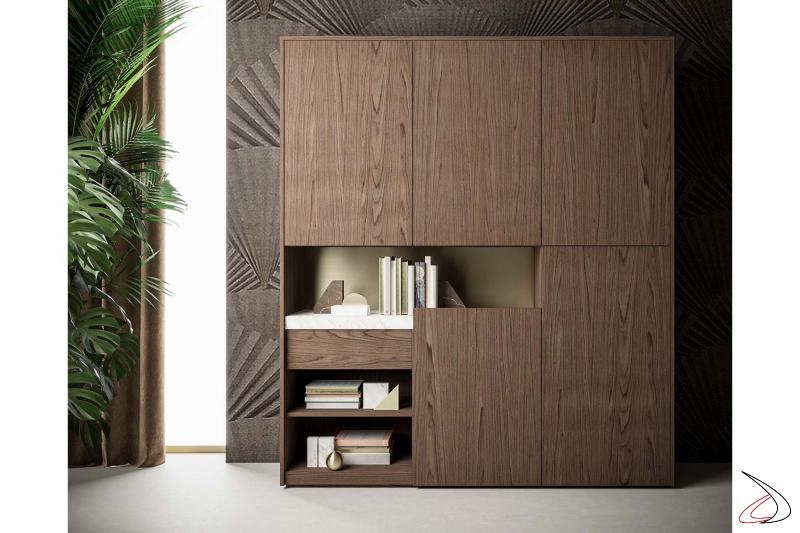 Modern office cabinet made of canaletto walnut veneer with white carrara marble top