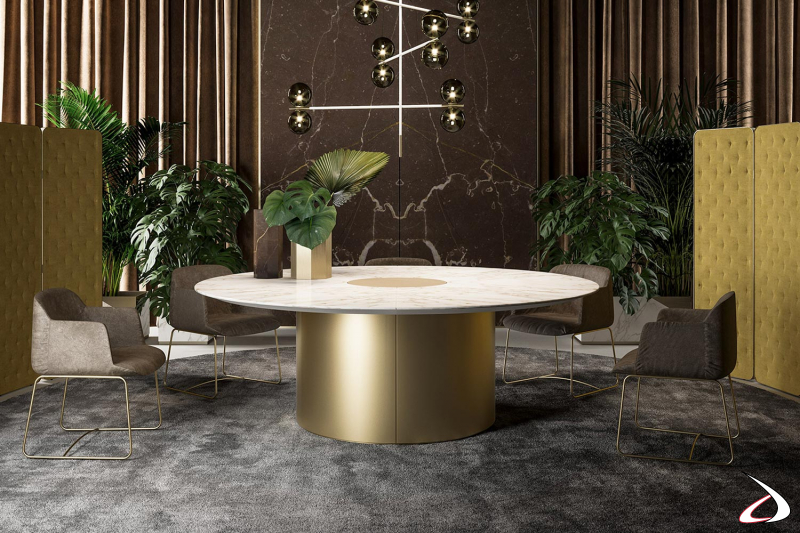 Tavolo riunioni rotondo da ufficio di design in marmo e oro con inserto centrale in pelle