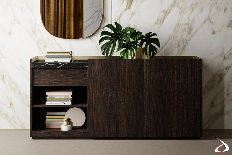 Elegant modern wooden office cabinet with black marquinia marble top