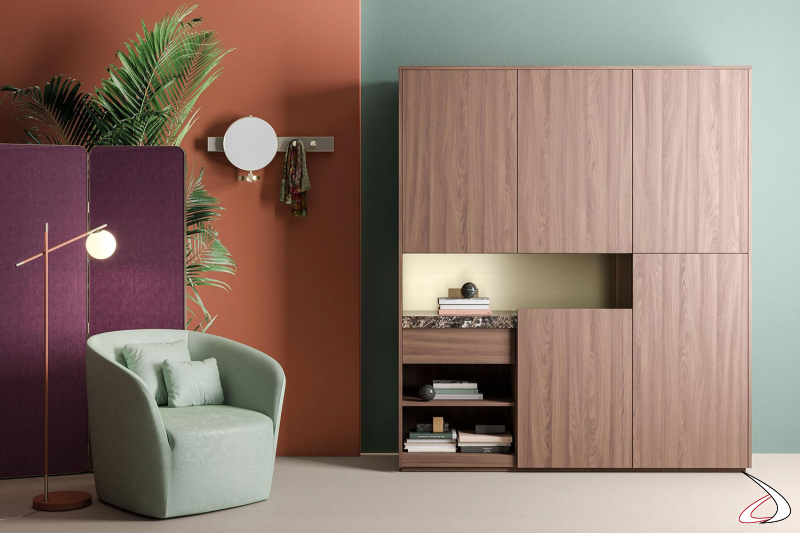 Modern office cabinet with doors, open compartment and emperador marble top