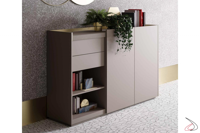Modern office sideboard in fenix with doors, drawers and top covered in grain leather