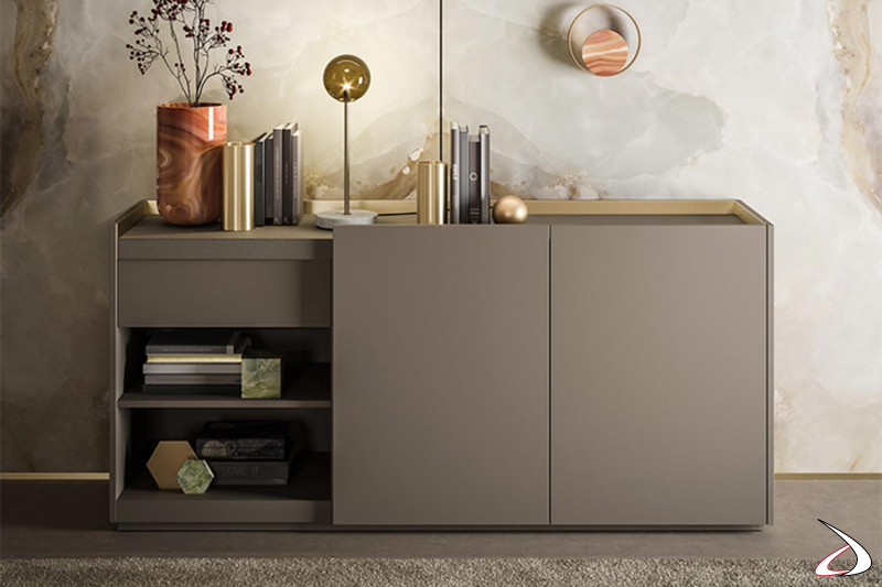 Modern office sideboard with doors, drawer and top covered in grain leather
