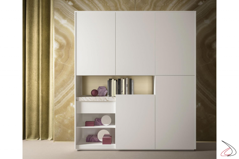 Designer white office cupboard with calacatta marble worktop