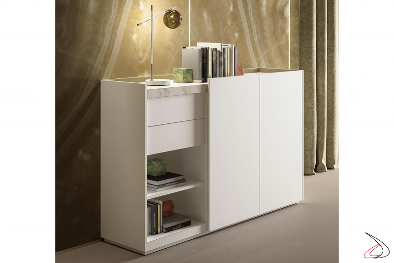 High white office sideboard with doors, drawers and open compartments