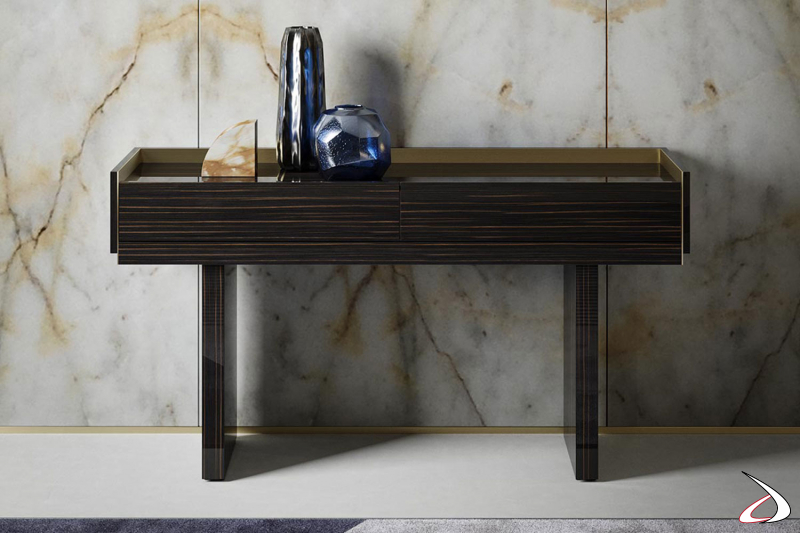 Elegant presidential office console table in polished ebony wood with brass-coloured aluminium profiles
