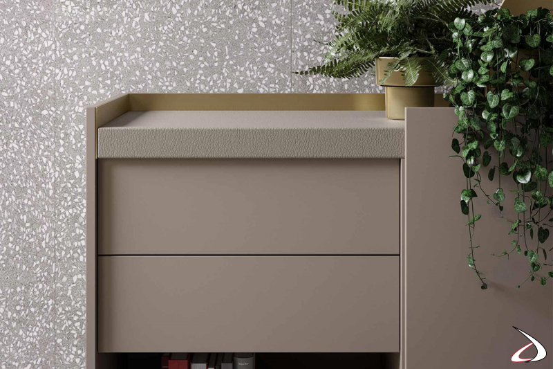 Modern office sideboard with grain leather top and brass finish aluminium profiles
