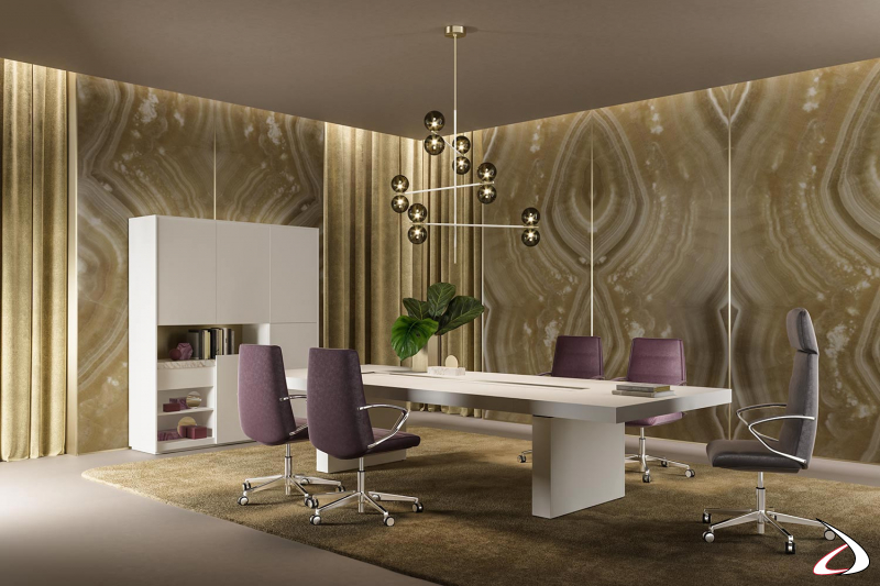 Modern white meeting room table with central cable channel