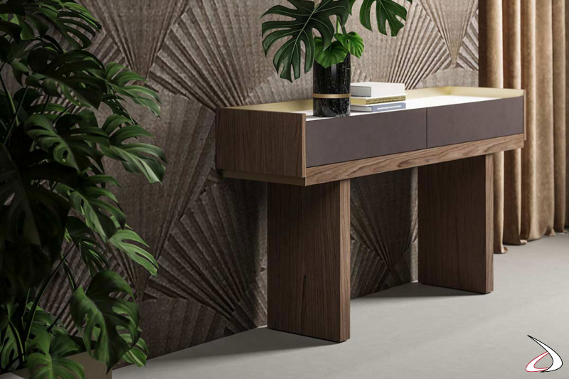 Modern wooden office console table with drawers covered in leather