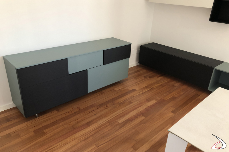Living room furniture with wall unit, sideboard and extendable table with ceramic top