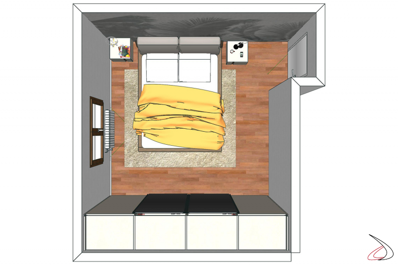 Proyecto de mobiliario de dormitorio doble con mesitas de noche, cama y armario con puertas correderas de espejo.