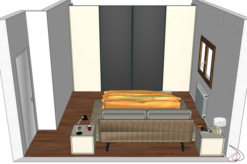 Projet d'ameublement d'une chambre double avec tables de chevet, lit et armoire avec portes coulissantes en miroir.