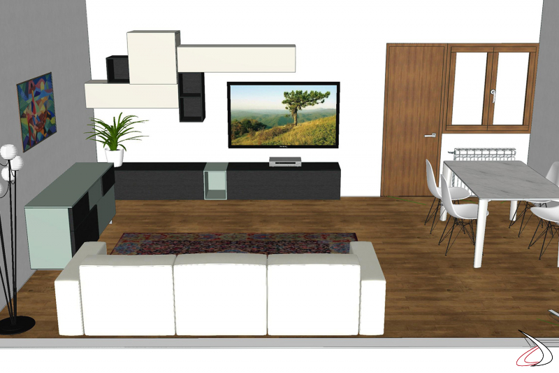 Render de proyecto de mobiliario de salón con pared empotrada, aparador y mesa extensible