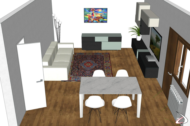 Projet de mobilier de salle de séjour avec un mur ajusté, un buffet et une table extensible.
