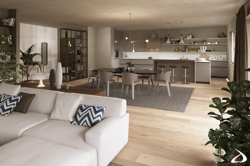 Progettazione arredo interno open space cucina e soggiorno di design