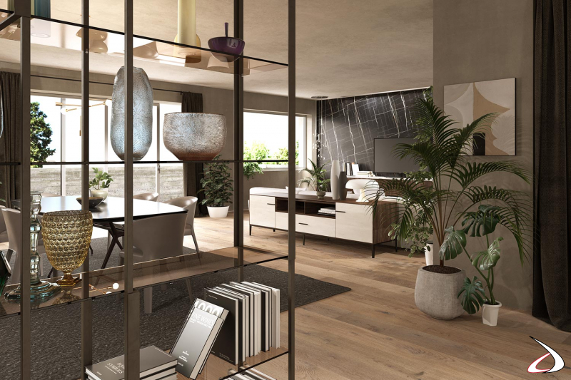 Progettazione arredamento interno open space di un soggiorno di lusso