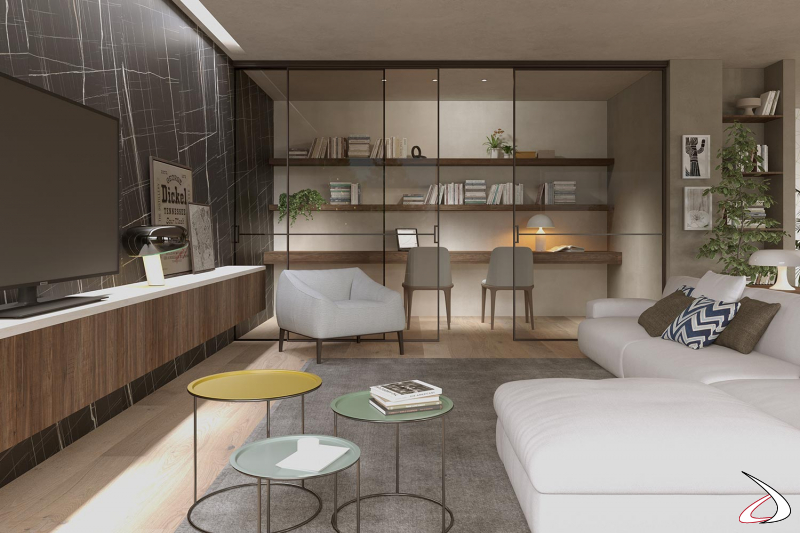 Diseño interior de un espacio abierto con sala de estar y despacho