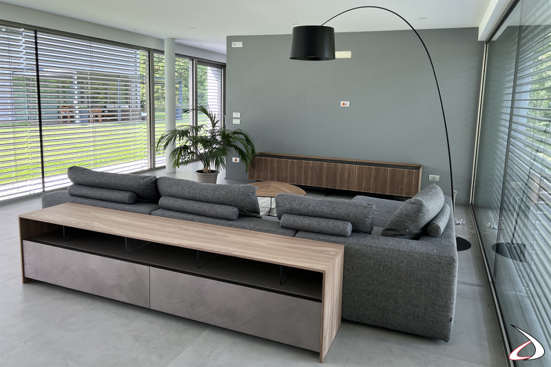 Realisation of home office dependance with sofa and living room in modern design