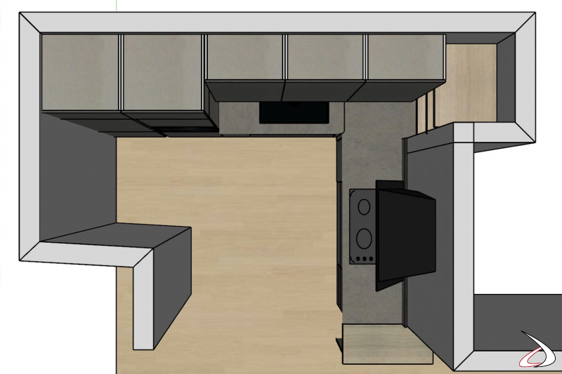 Render proyecto de muebles de cocina de esquina con electrodomésticos