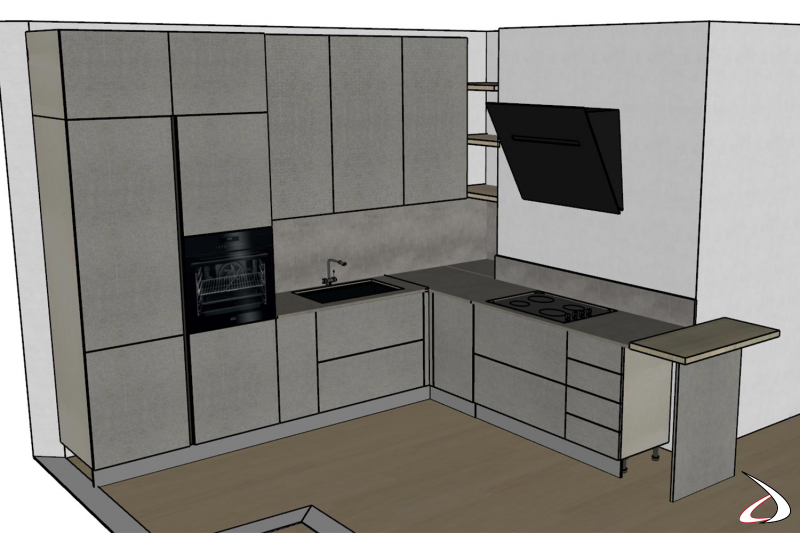 Render proyecto de muebles de cocina de esquina con electrodomésticos