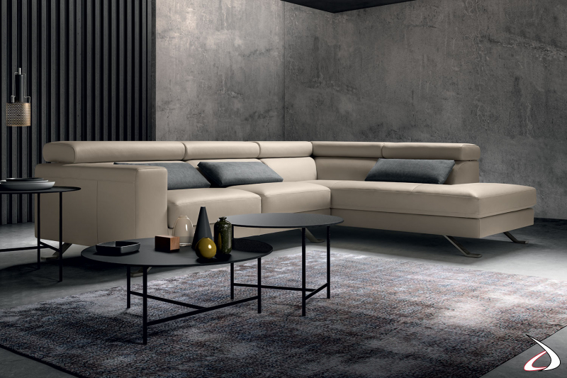 Leather corner sofa with pouf with adjustable headrest and removable seats