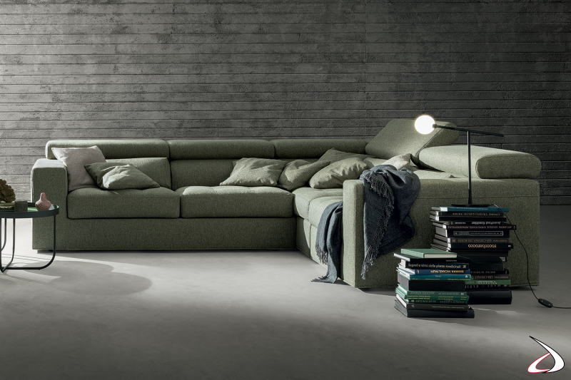 Fabric corner sofa with pull-out quilted seats and reclining headrests