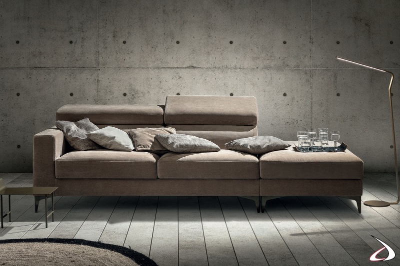Linear 2 seater sofa with side pouf and reclining headrests