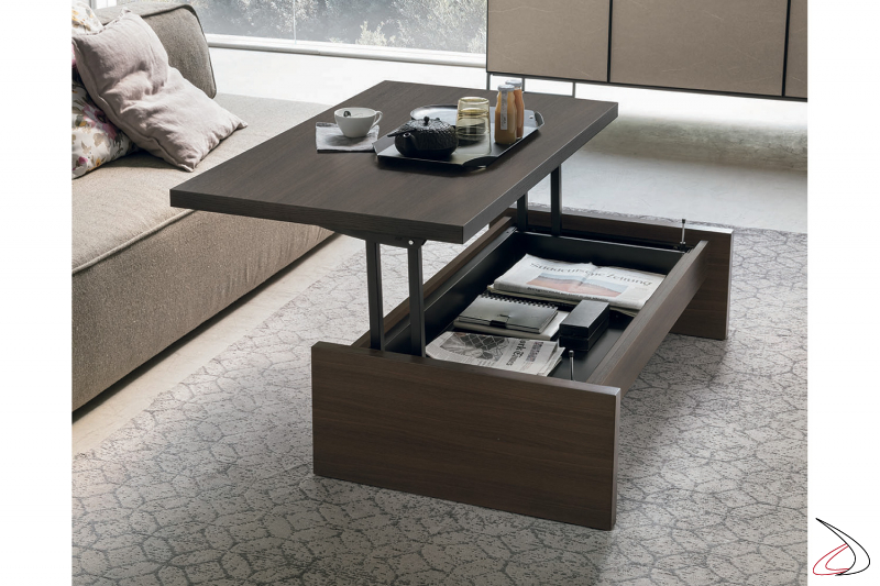 Tavolino da salotto moderno con piano sollevabile e vano contenitore porta oggetti