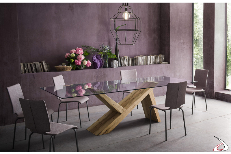 Tavolo moderno da soggiorno con basamento in legno massello