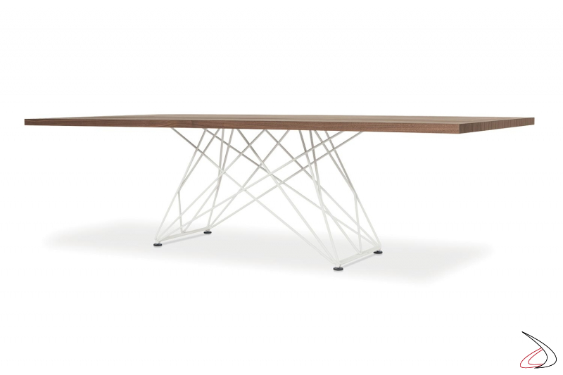 Tavolo moderno fisso in legno noce con gamba centrale bianca in ferro